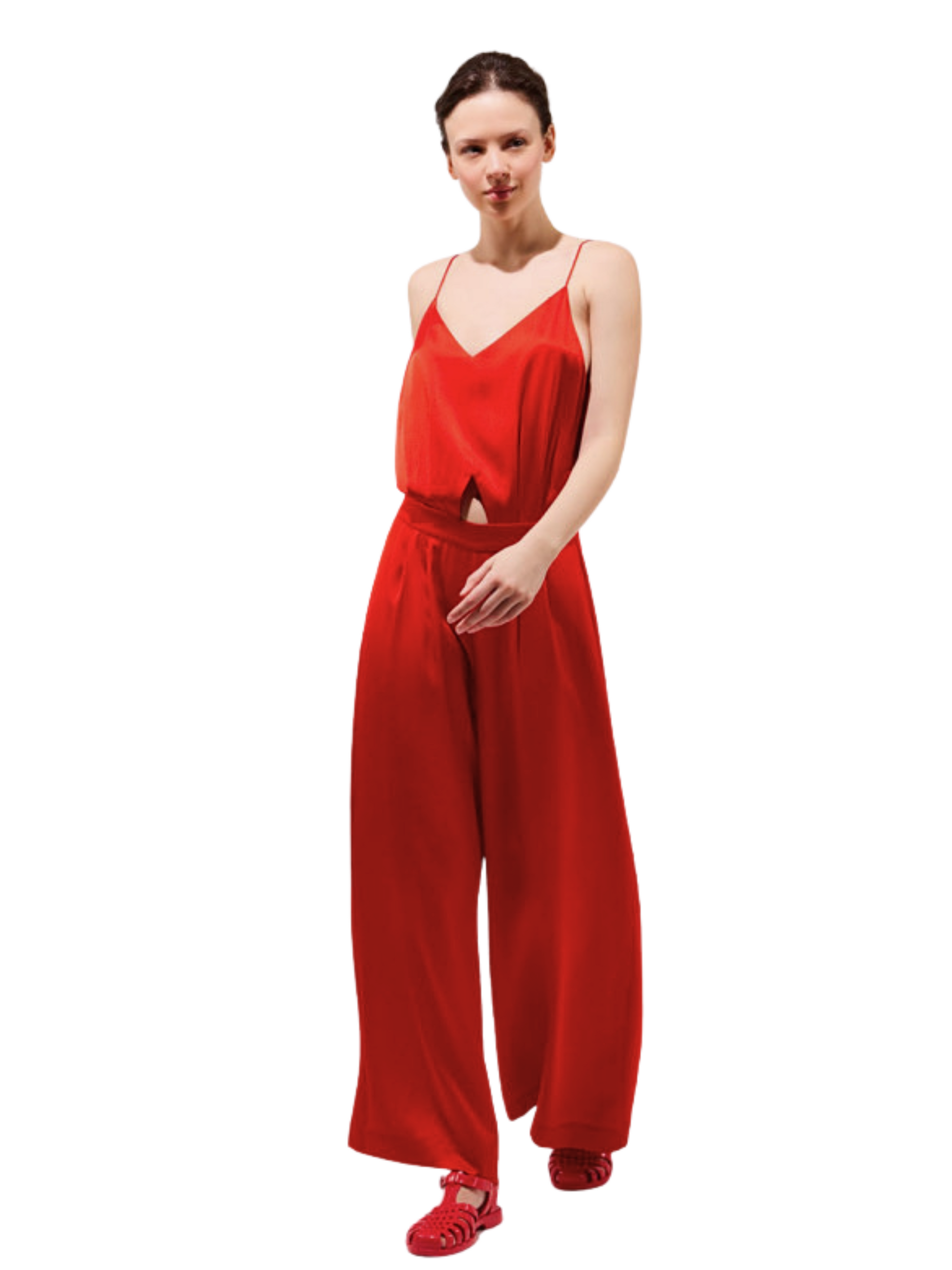 red silk jumpsuit 