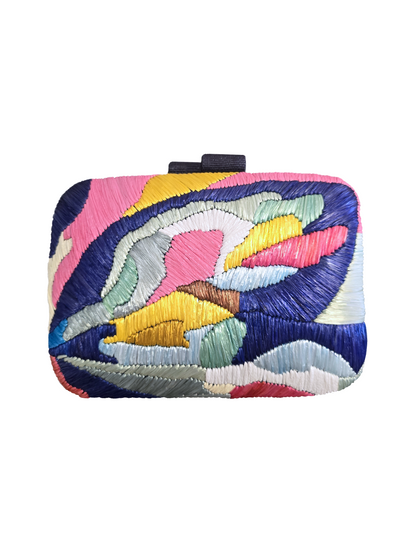 clutch handbag  featuring a vibrant multicolor abstract embroidered pattern