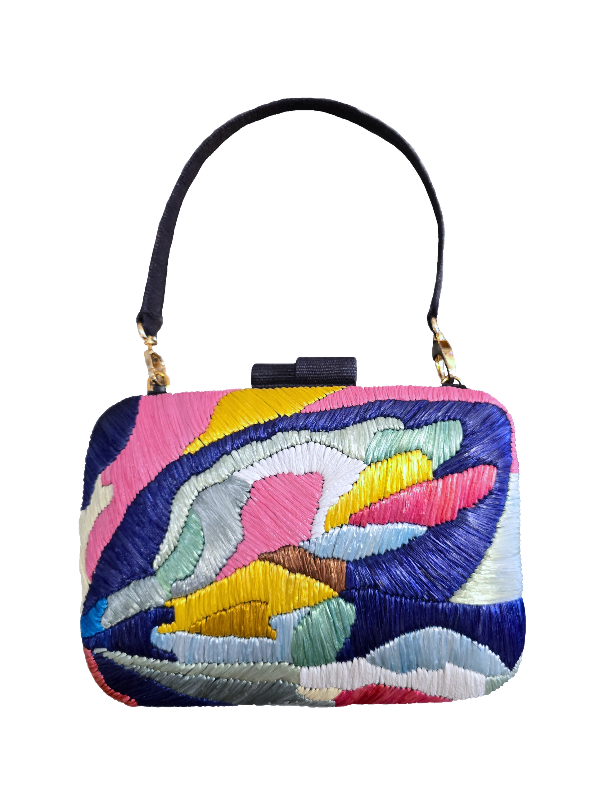clutch handbag  featuring a vibrant multicolor abstract embroidered pattern