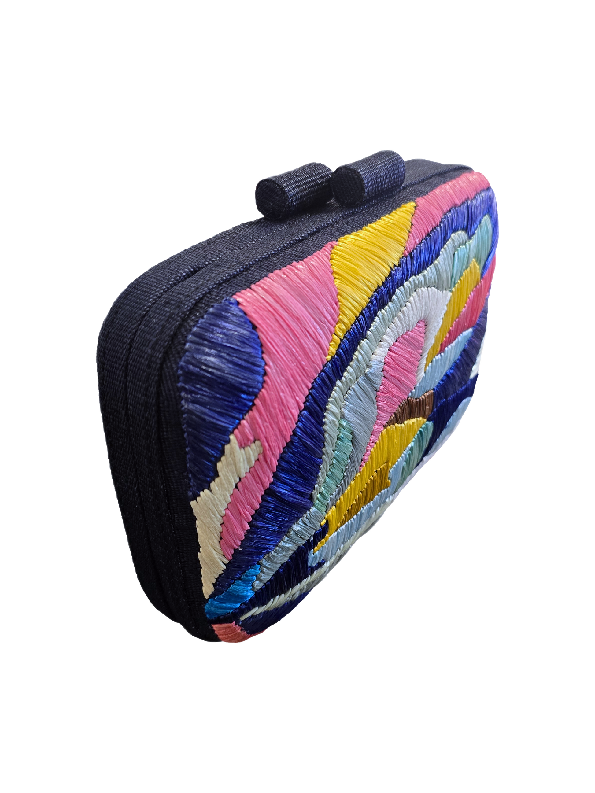 clutch handbag  featuring a vibrant multicolor abstract embroidered pattern