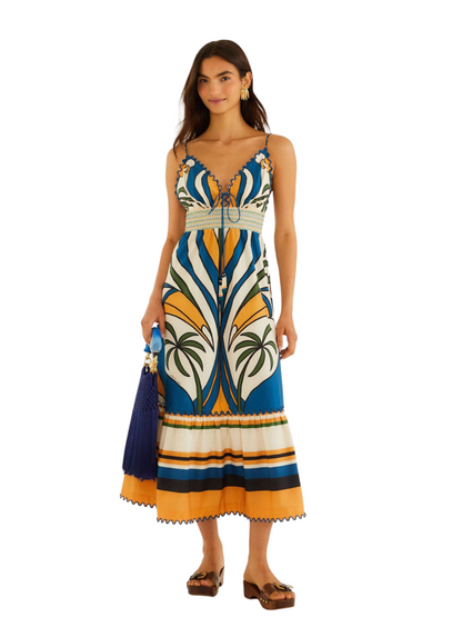 sleeveless midi dress with a vibrant blue, yellow, and white palm tree pattern