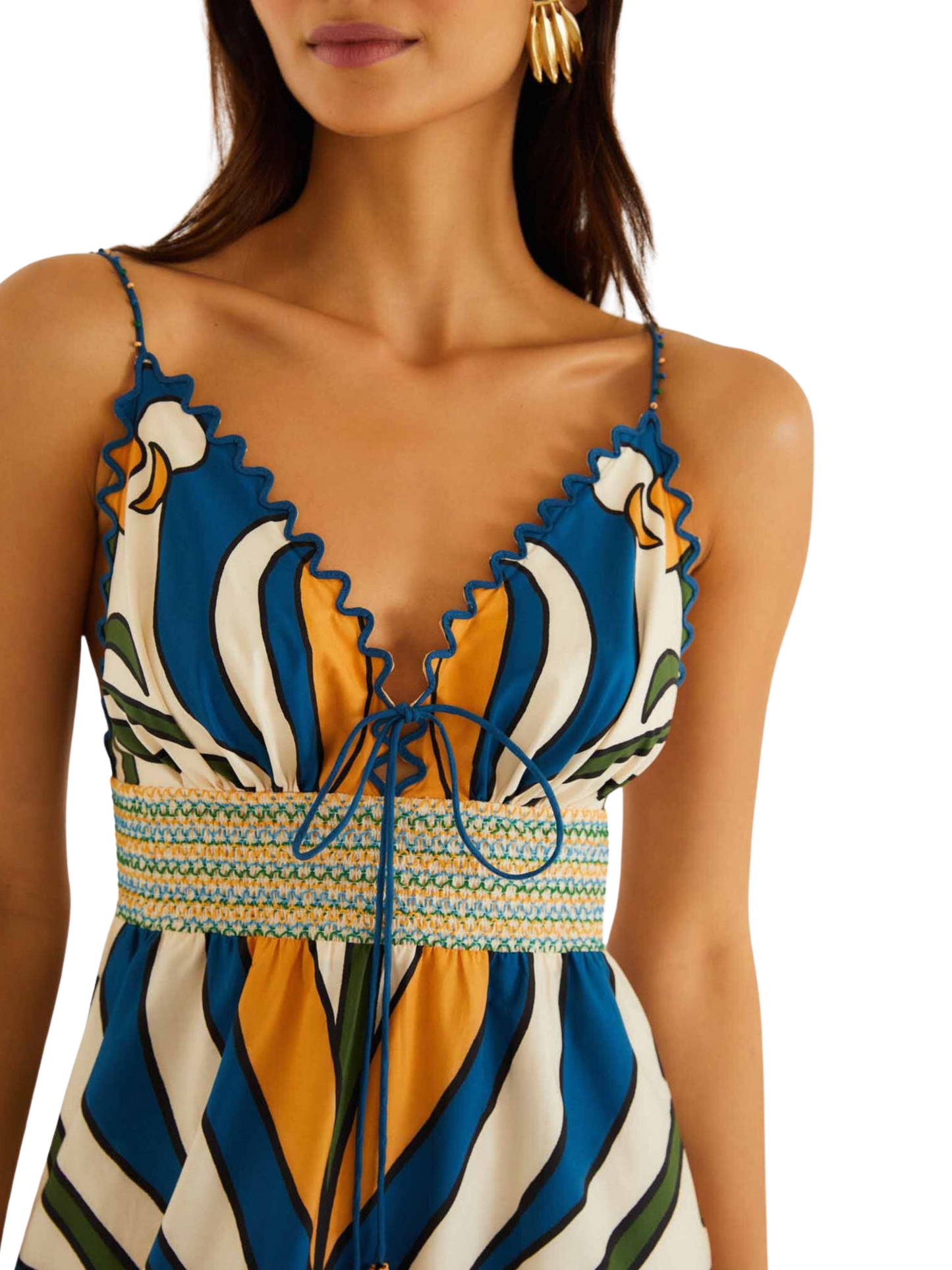sleeveless midi dress with a vibrant blue, yellow, and white palm tree pattern