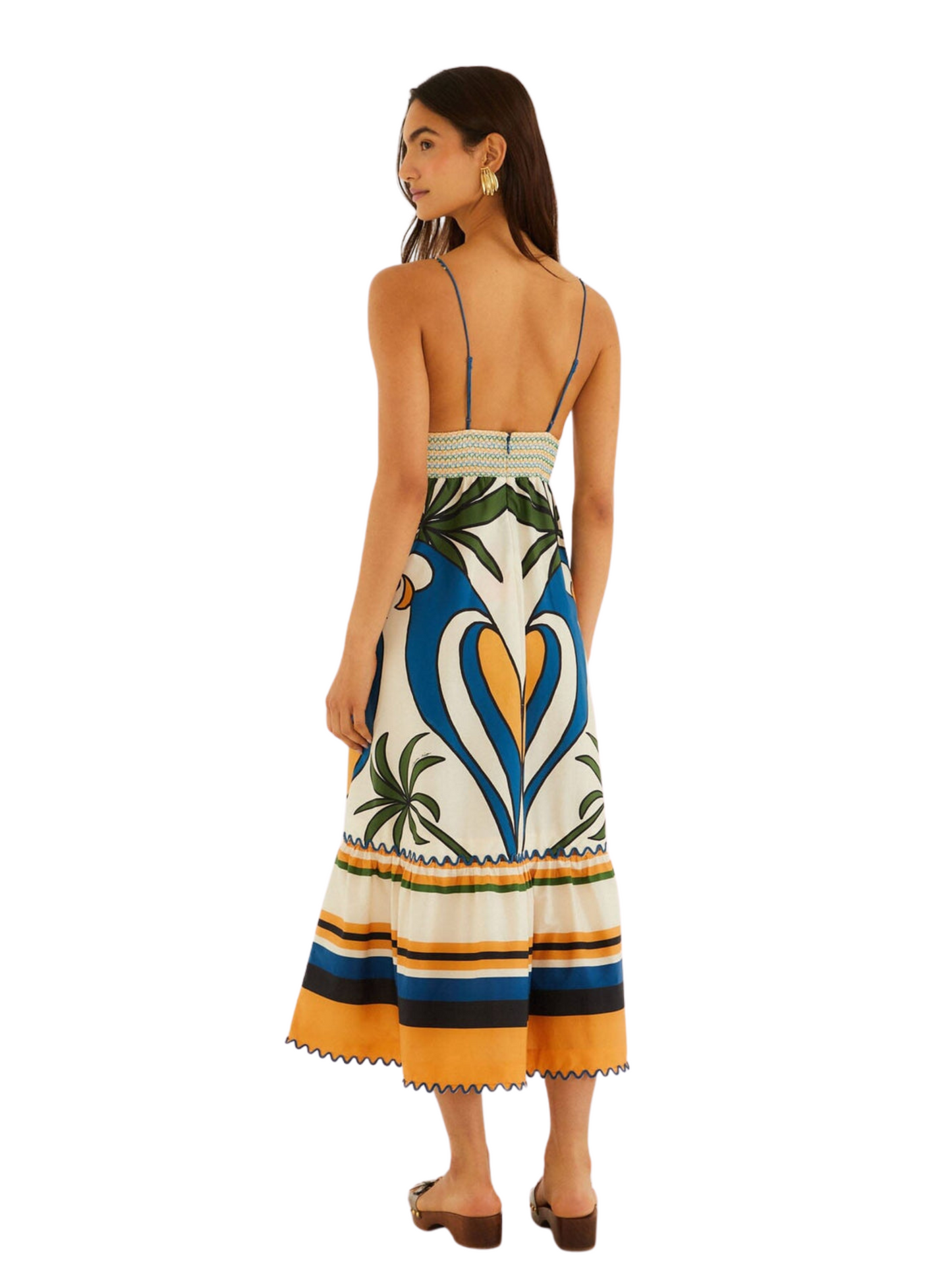 sleeveless midi dress with a vibrant blue, yellow, and white palm tree pattern
