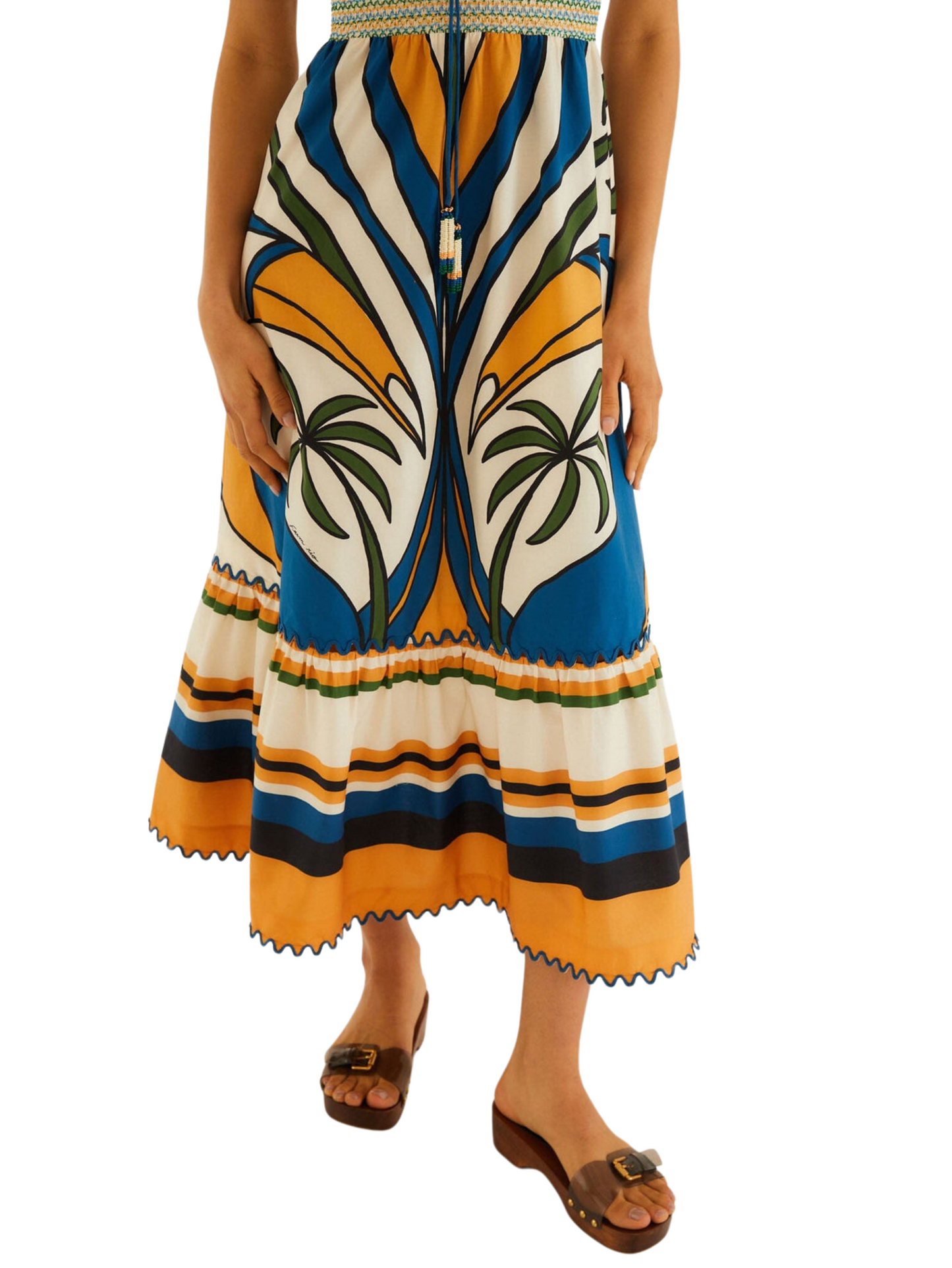 sleeveless midi dress with a vibrant blue, yellow, and white palm tree pattern