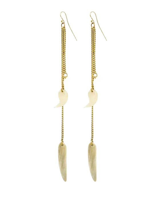 gold dangle earrings with a textured chain, a small white shell charm, and a larger tapered bone