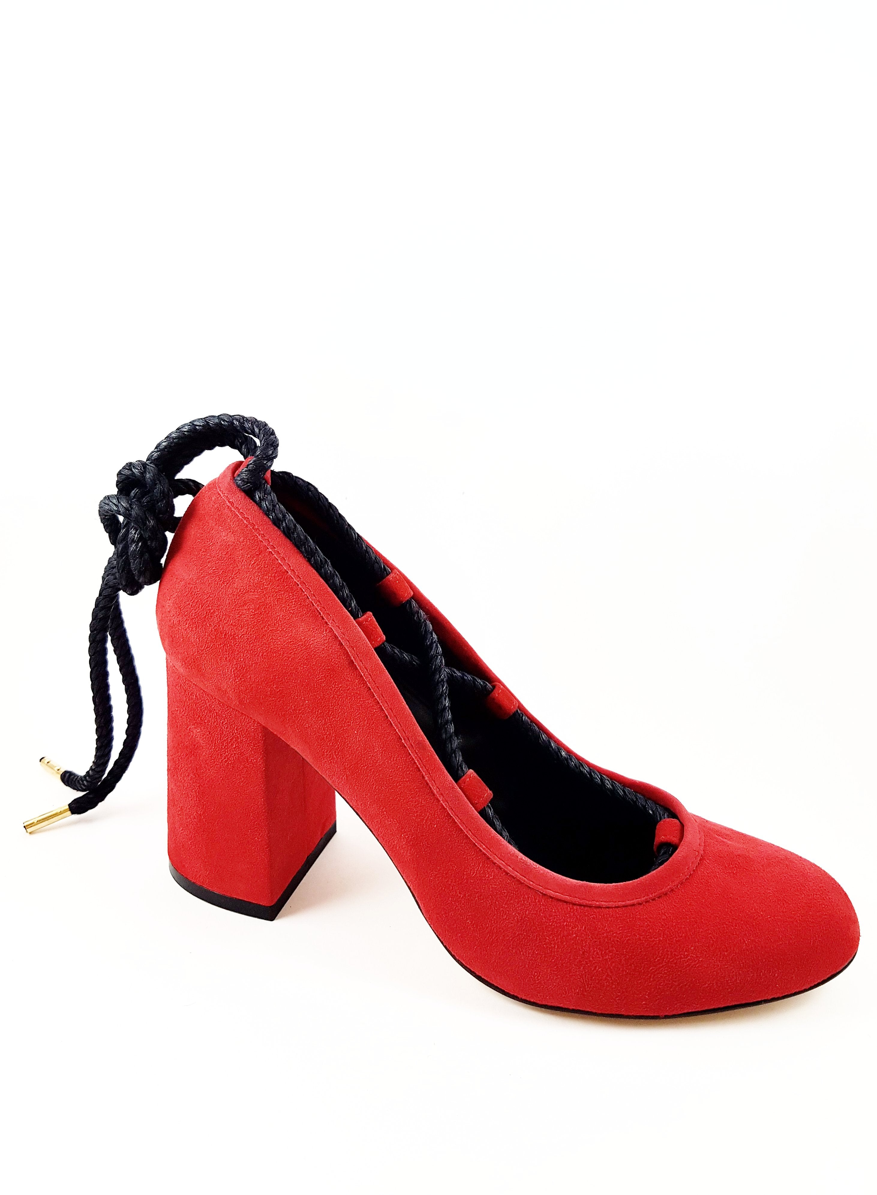 Piluca Passion Red suede block heel pumps