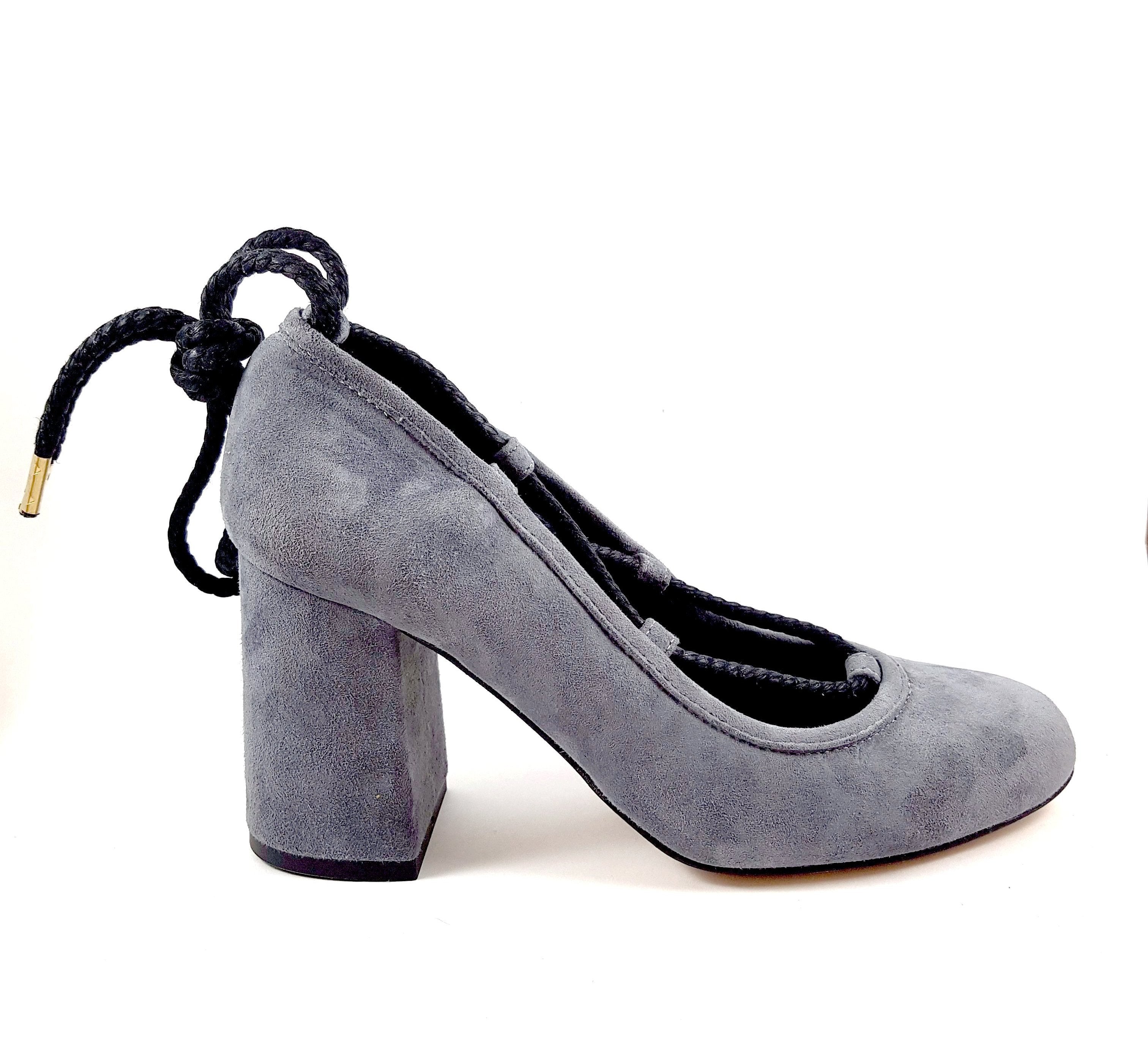 Piluca Gray suede block heel pumps with contrasting tie