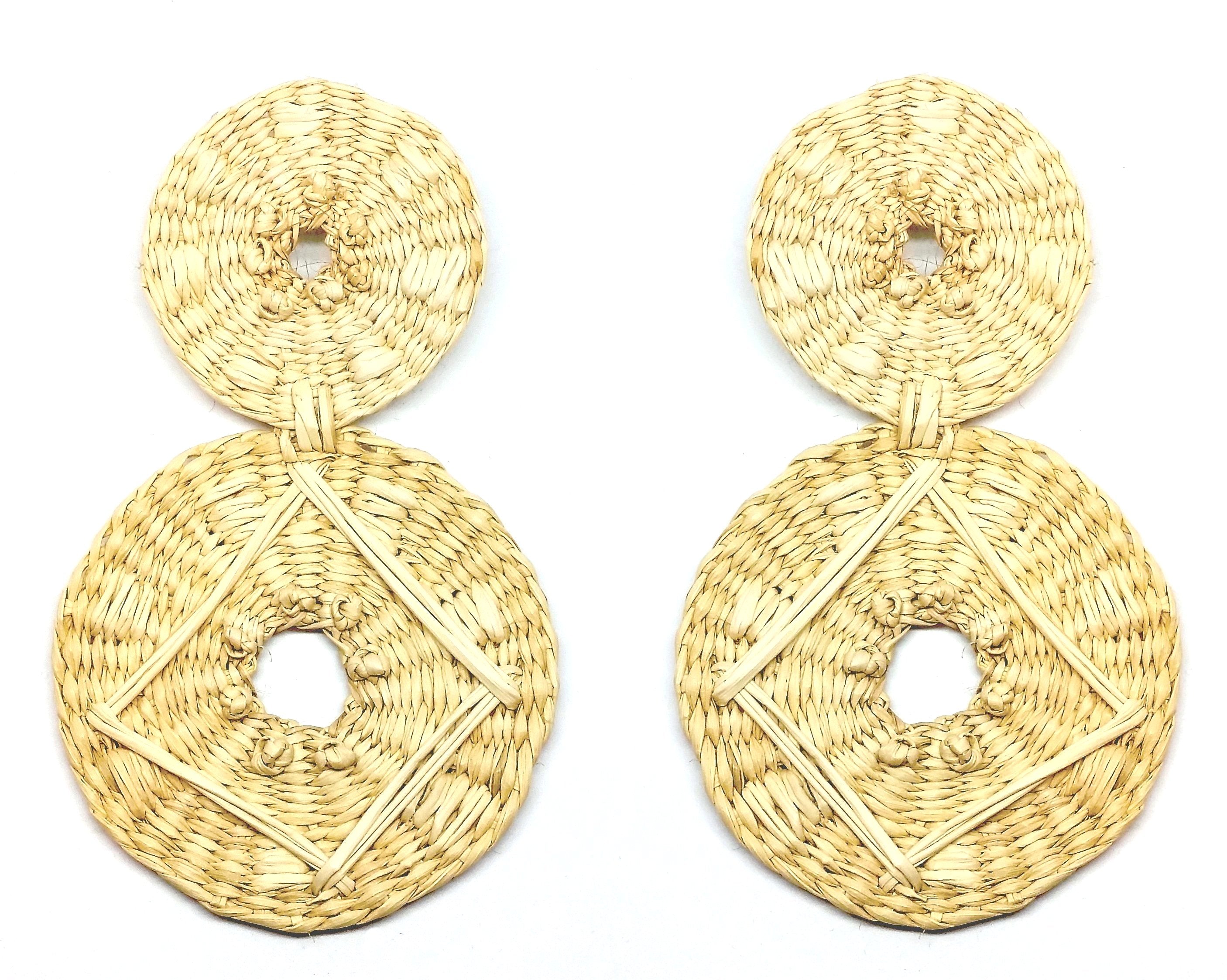 Large double disc raffia earrings in Natural with embroidered design
