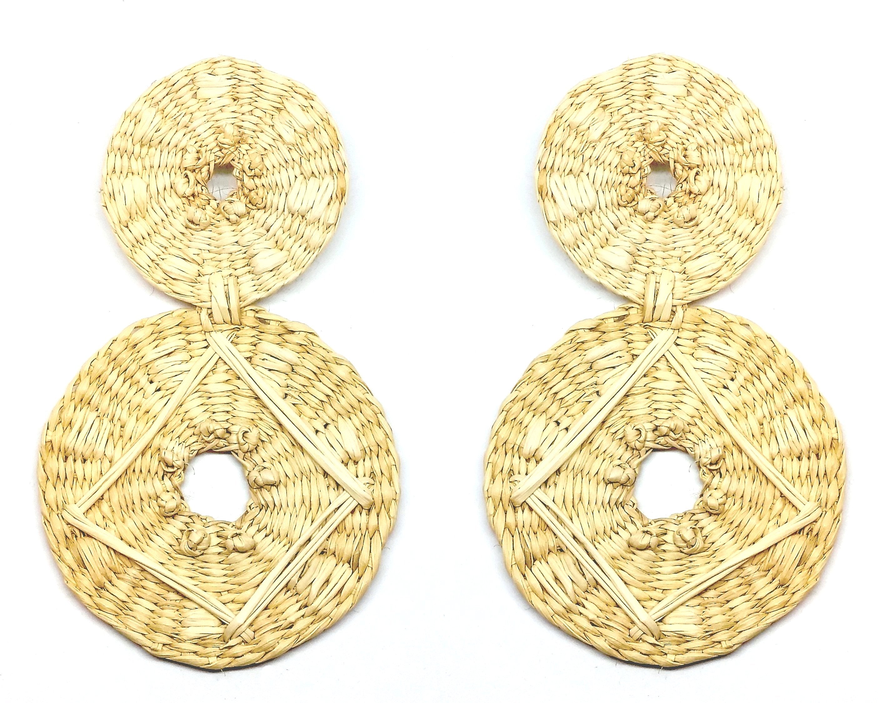 Large double disc raffia earrings in Natural with embroidered design