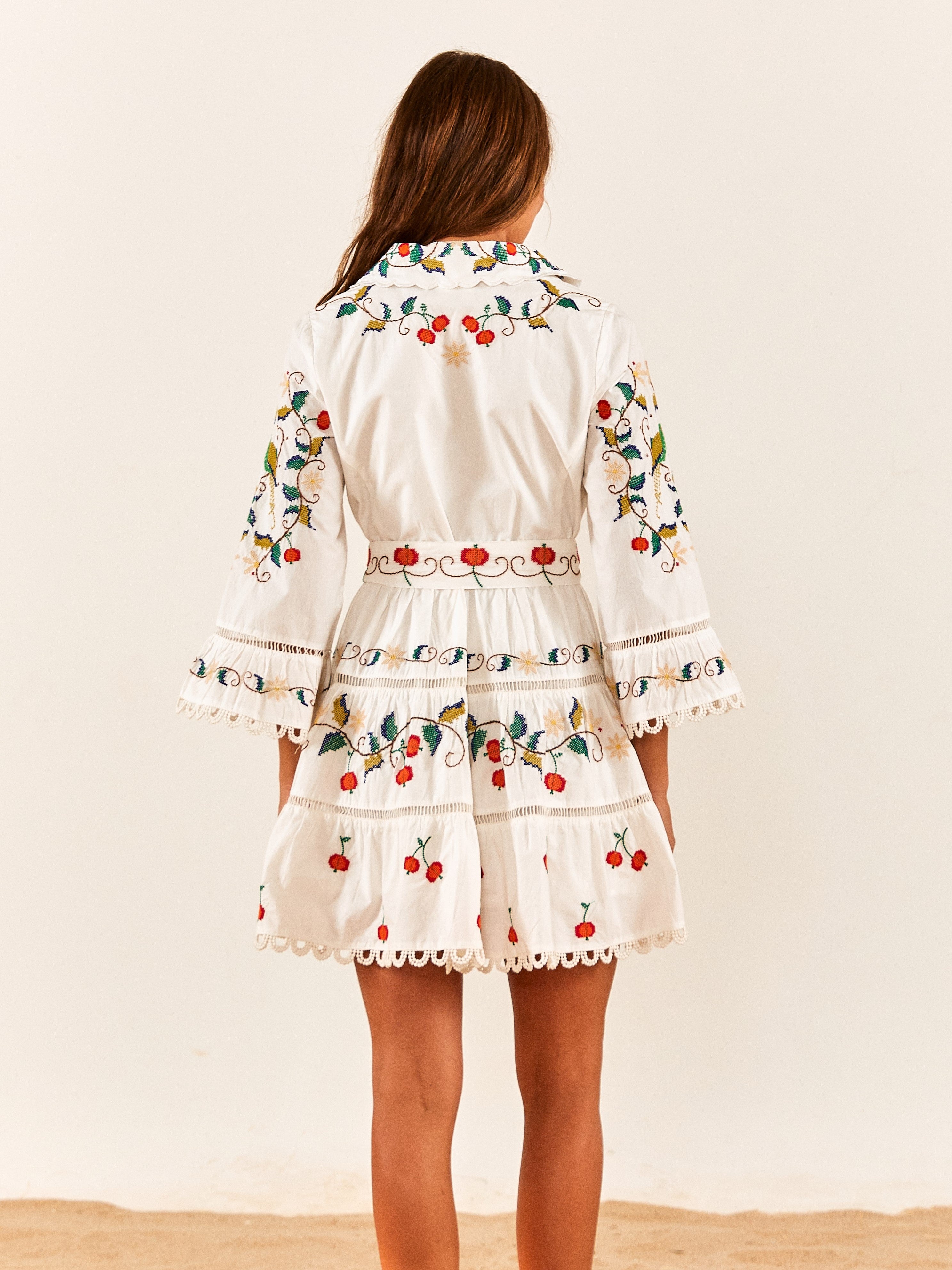 Pitanga Embroidered Belted Mini Dress