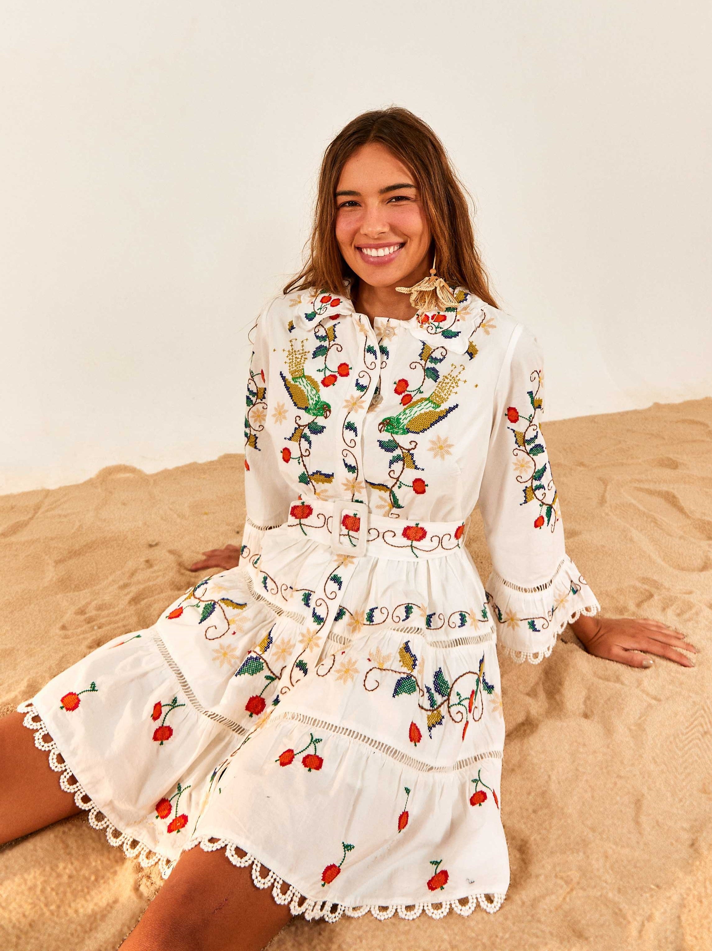 Pitanga Embroidered Belted Mini Dress