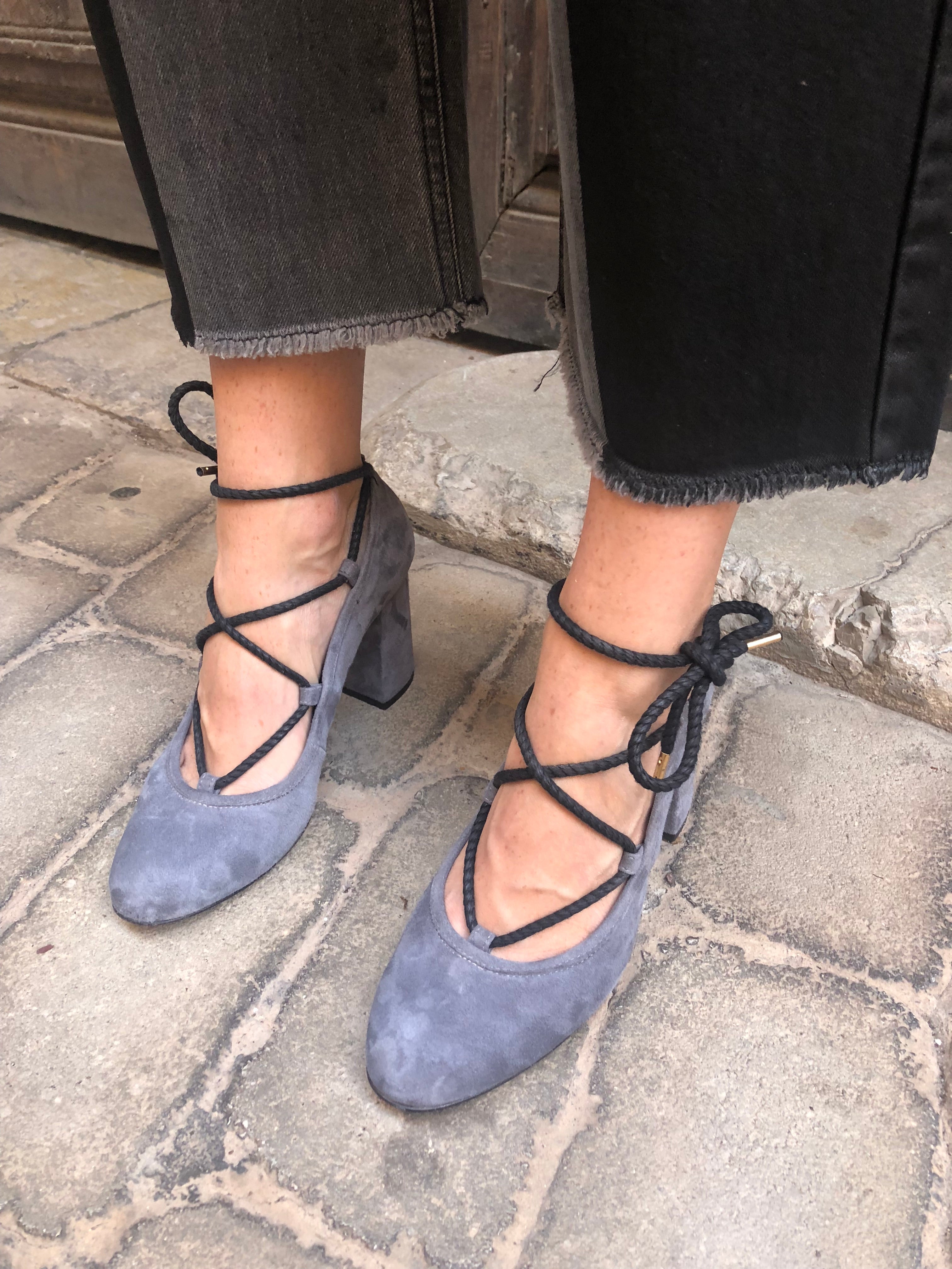 Piluca Gray suede block heel pumps with contrasting tie
