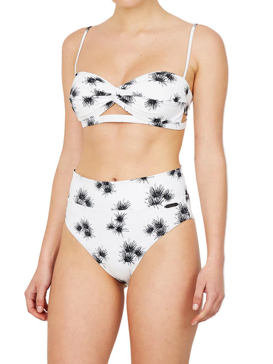 white bikini with a floral print , featuring adjustable straps and a clasp at the back