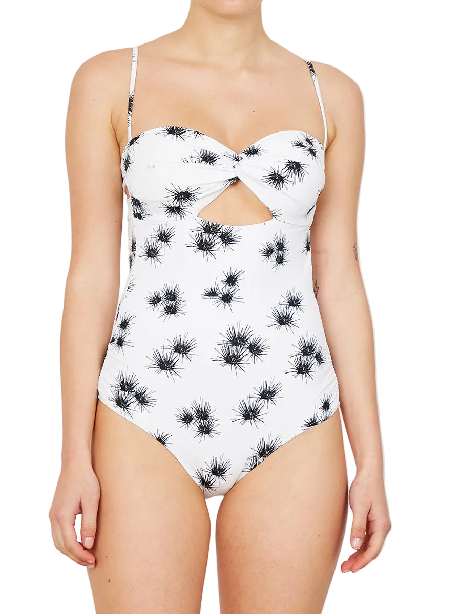 A floral print one-piece swimsuit with a deep V-neckline, back closure, and adjustable straps