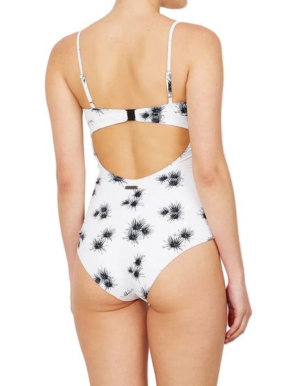 A floral print one-piece swimsuit with a deep V-neckline, back closure, and adjustable straps