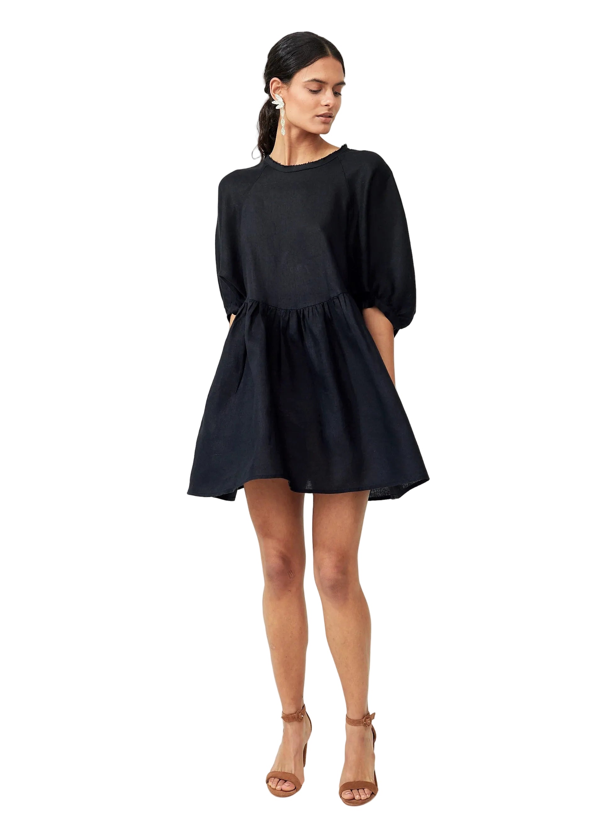  black, short linen, oversized dress with a round neckline and puffs sleeves