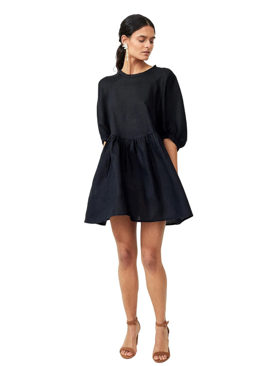  black, short linen, oversized dress with a round neckline and puffs sleeves