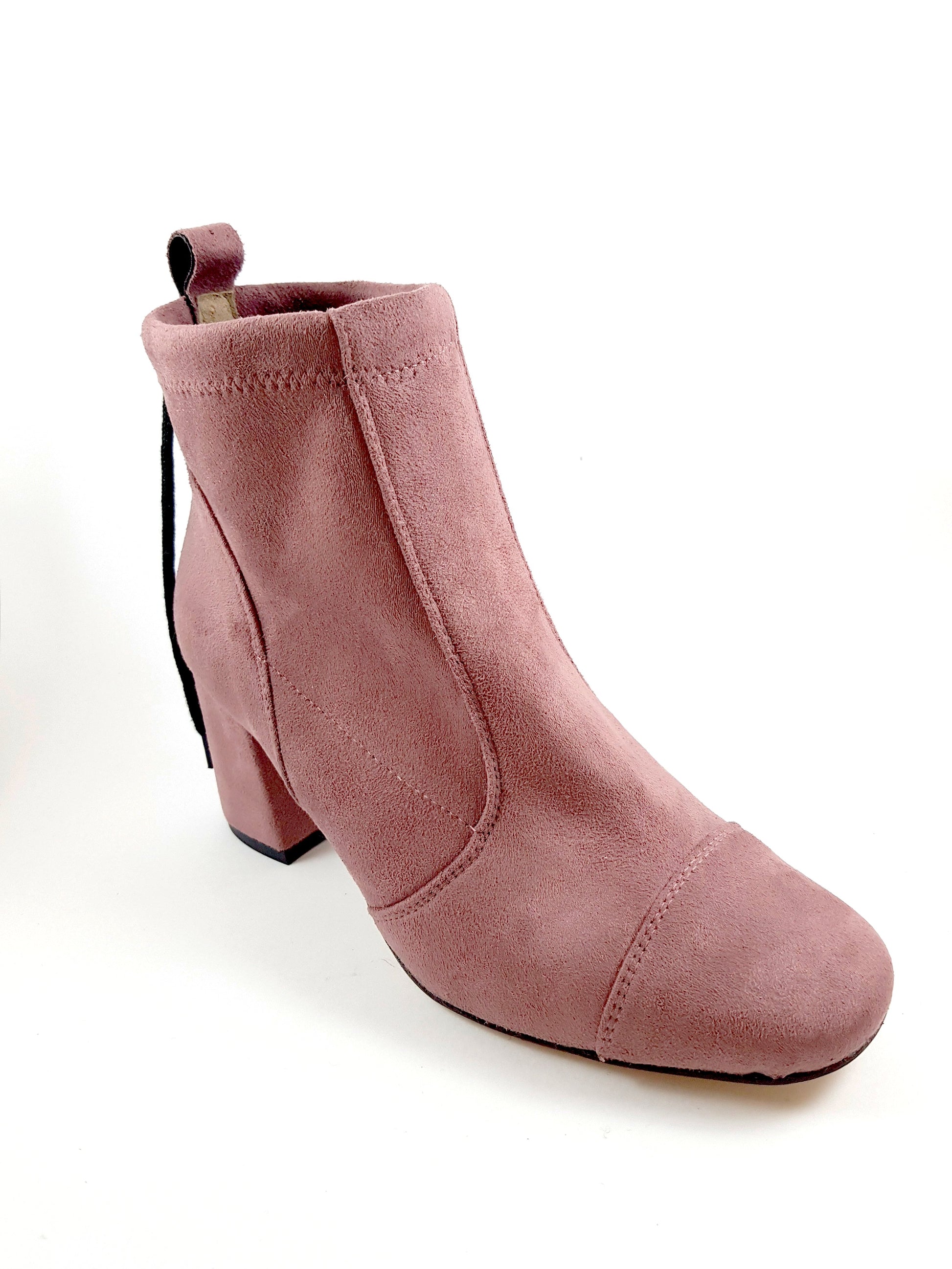  rose-colored suede medium heel booties