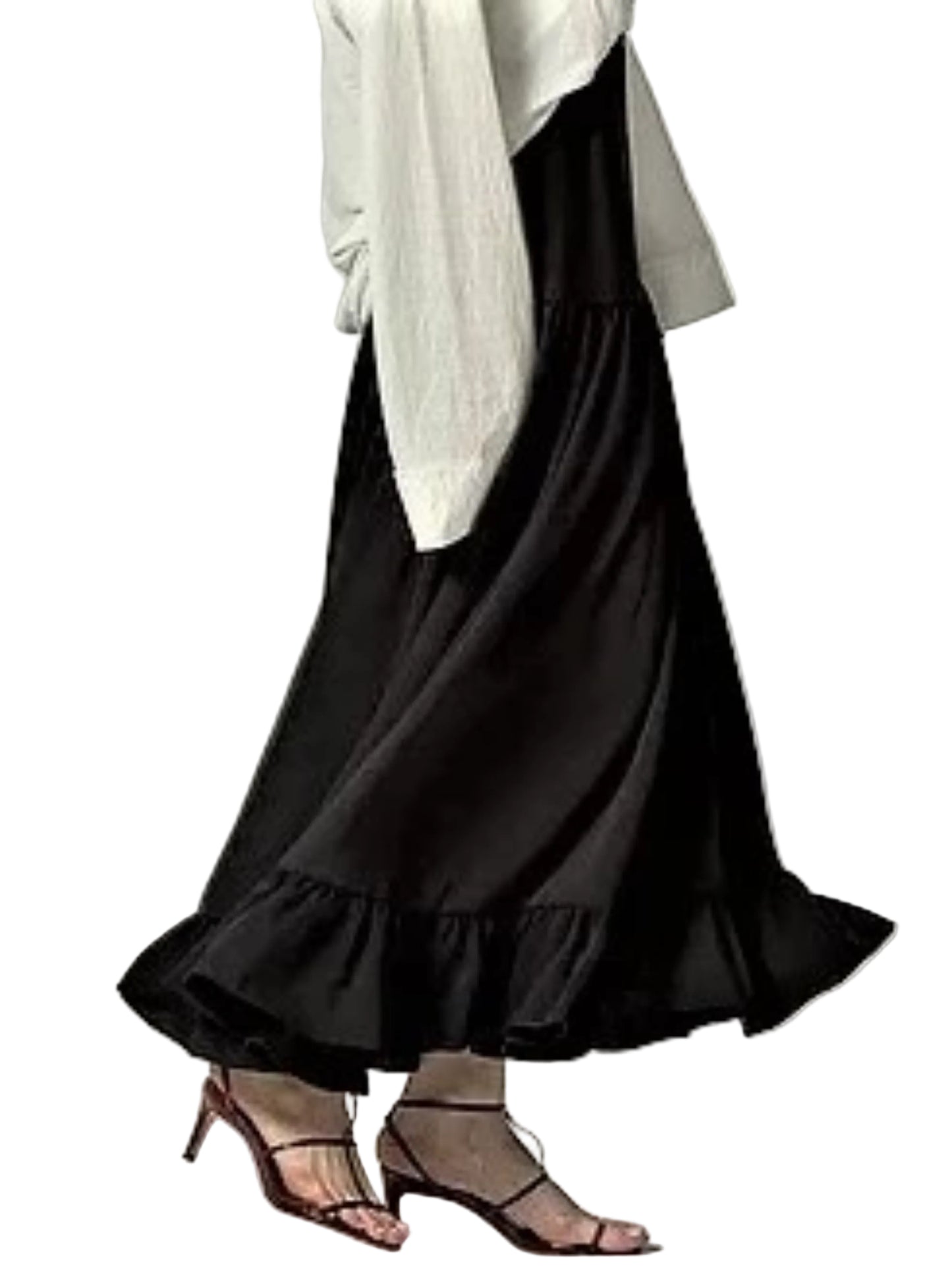  black flared skirt with a ruffled hem 