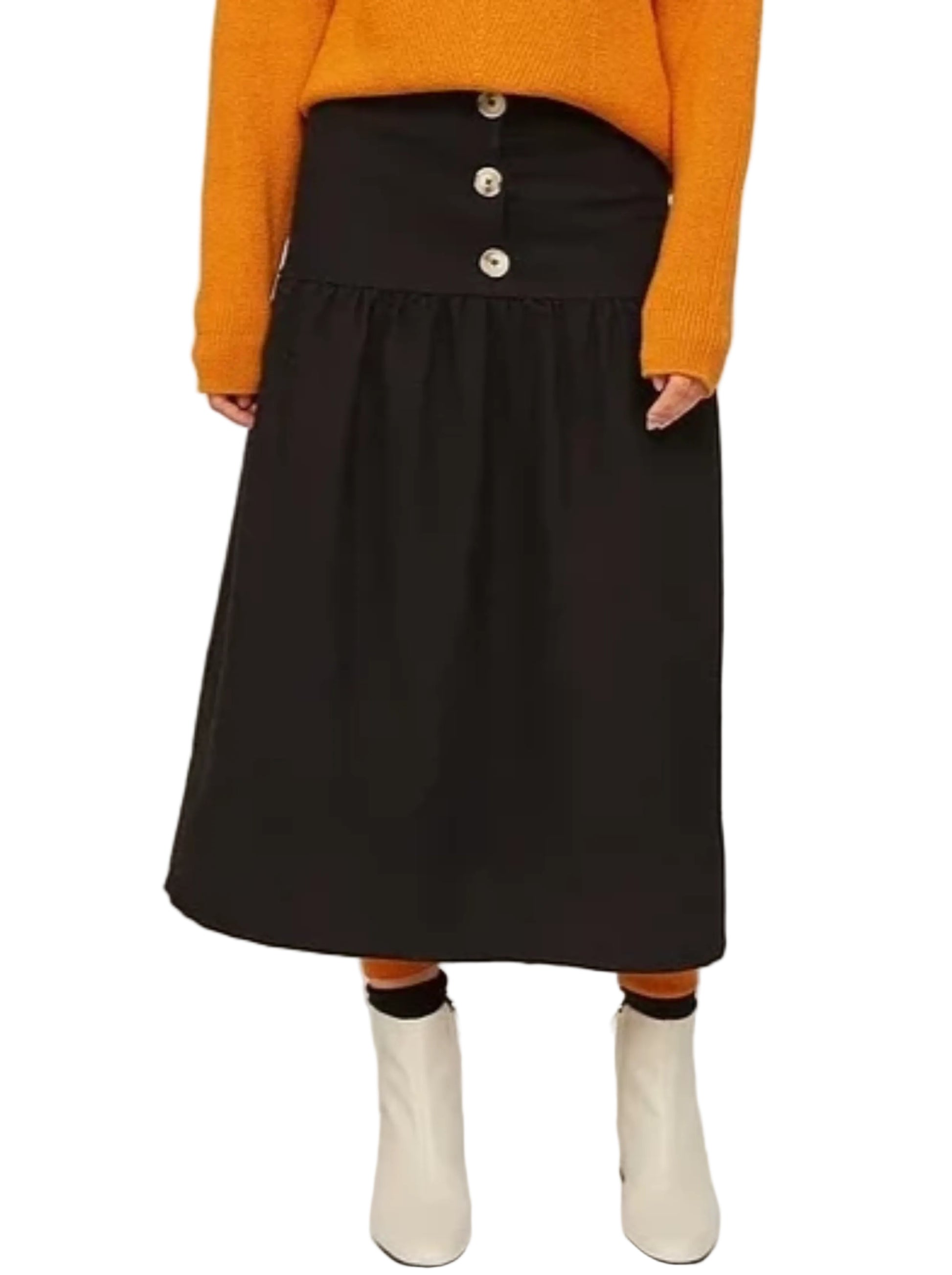 black tiered skirt with a button front closure