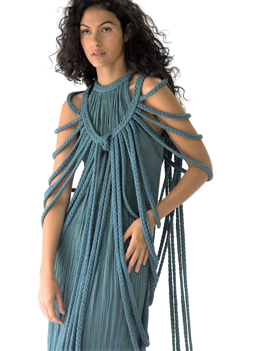  green halter neck dress with rope detail