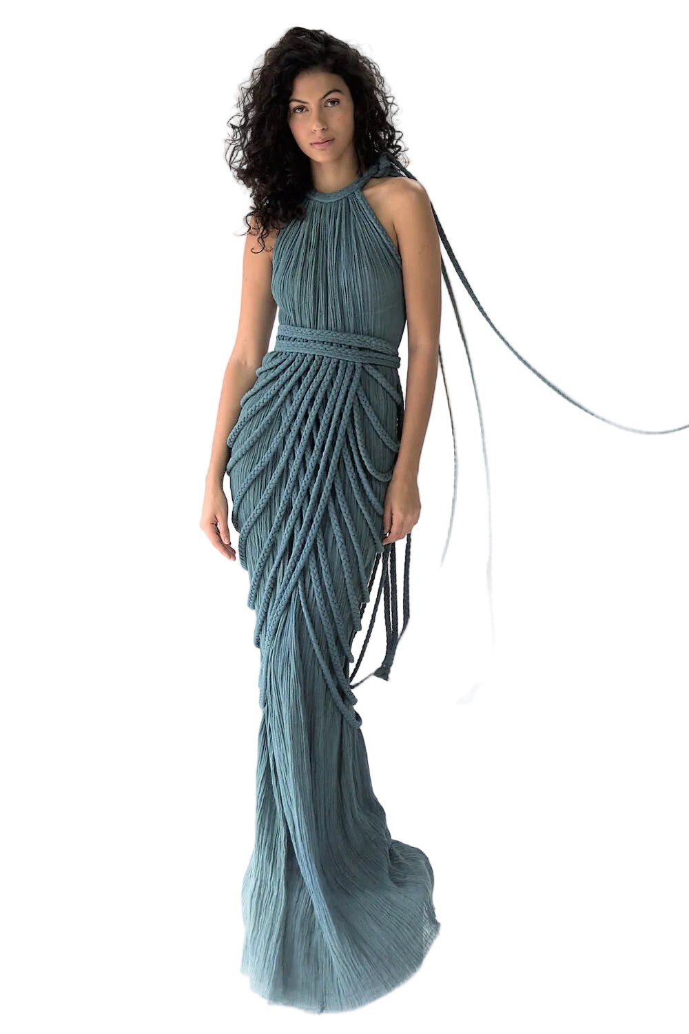  green halter neck dress with rope detail